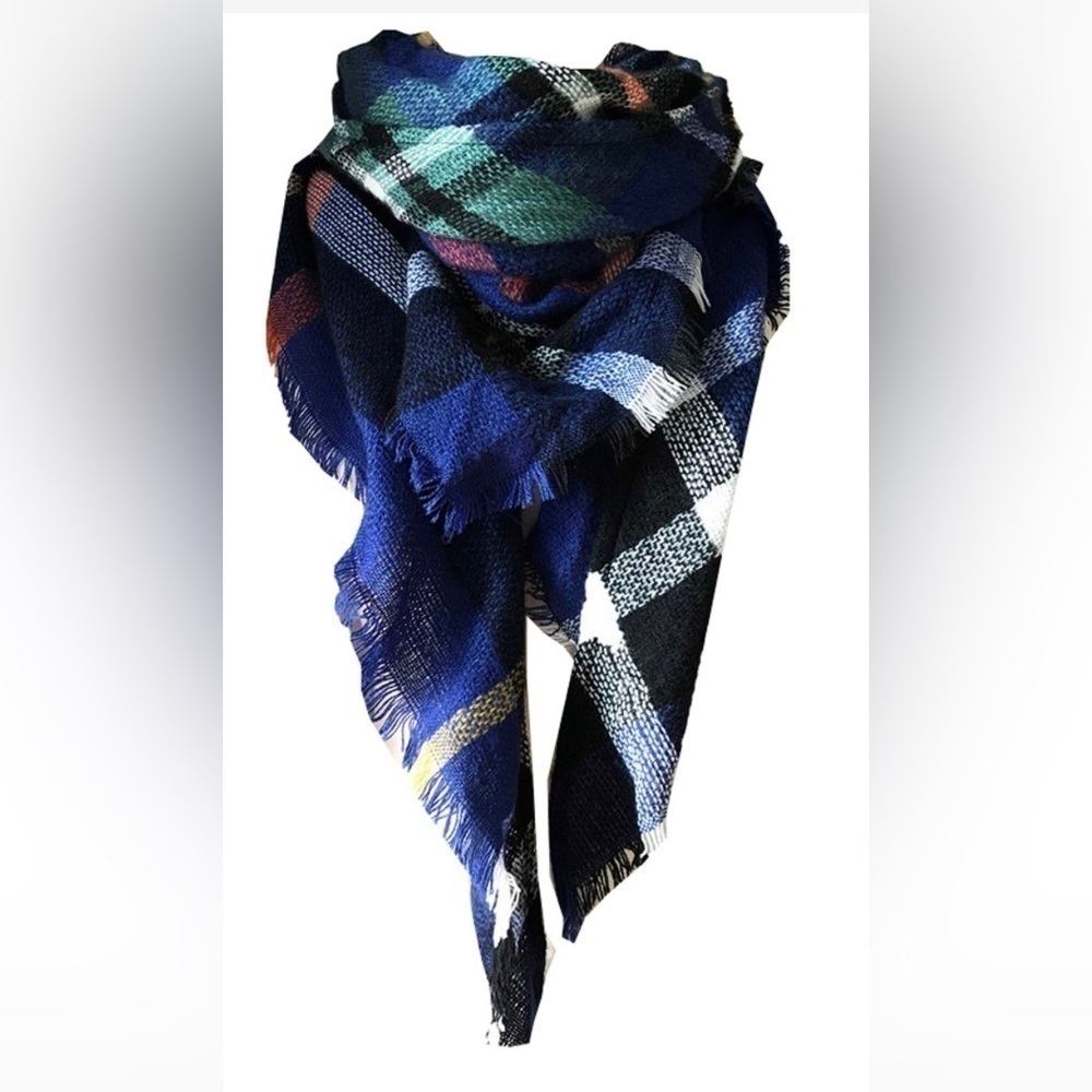 Wander Agio Long Shawl Wraps KnitPlaid Triangle Scarf Sapphire Blue